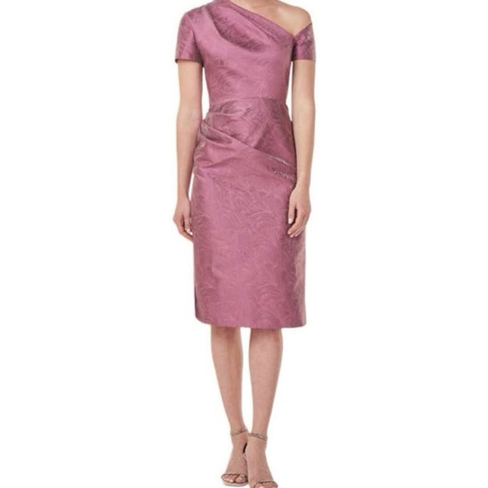 Kay Unger Caitlyn One Shoulder Rose Midi Jacquard Dress, Size 2 New
